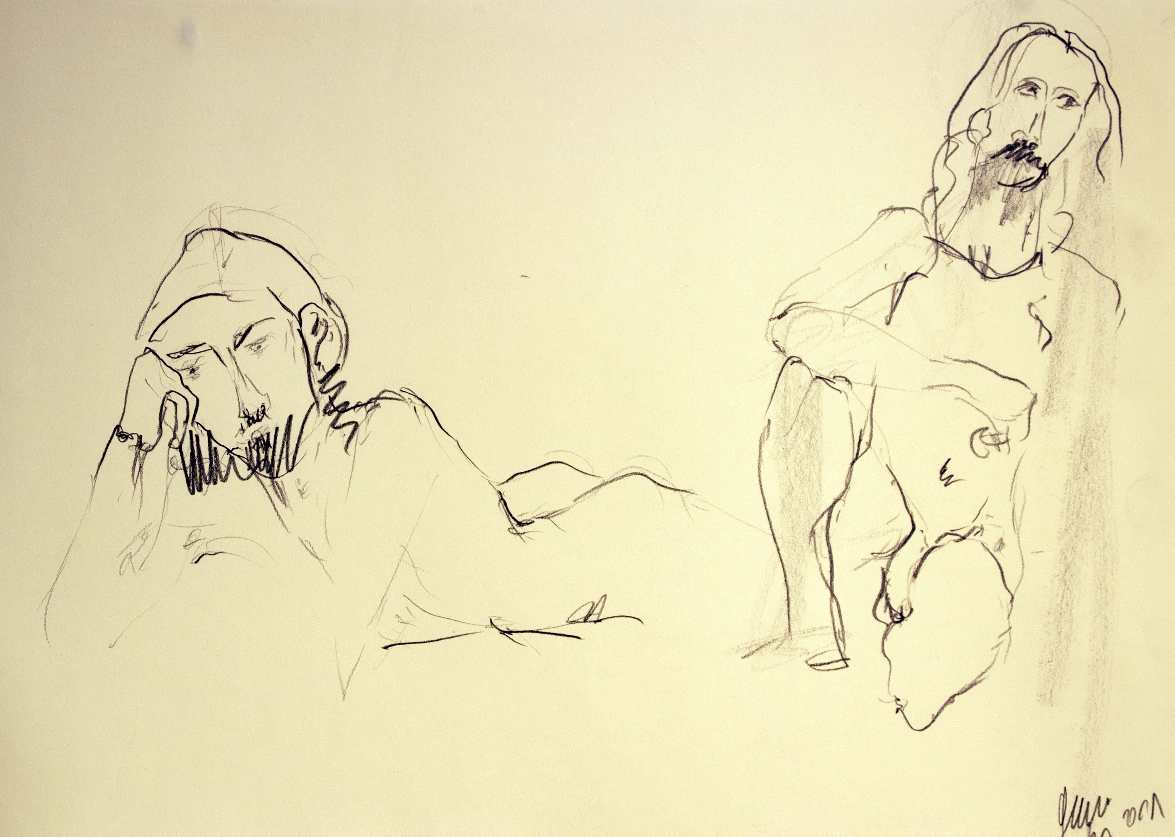 Dos homes — Grafit i oli de llinosa sobre paper